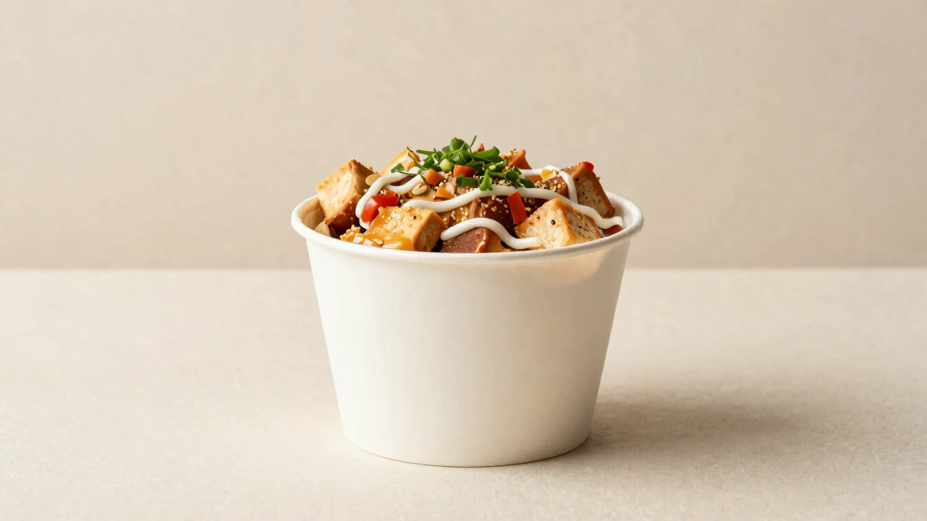 Editorial product photography of a hot fast food main in a simple takeaway container, soft clean daylight, restrained na