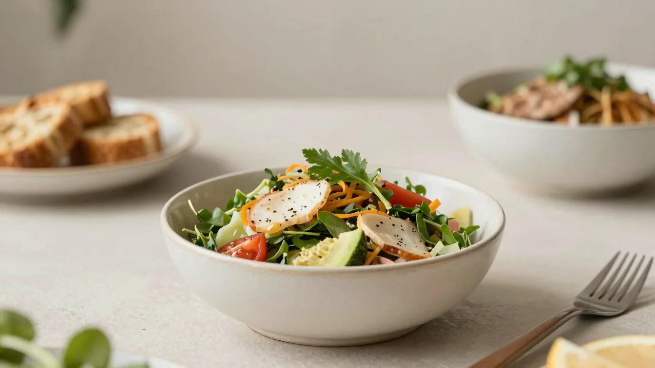 Editorial product photography of fresh side dishes in a small bowl, soft clean daylight, restrained natural colors, cris