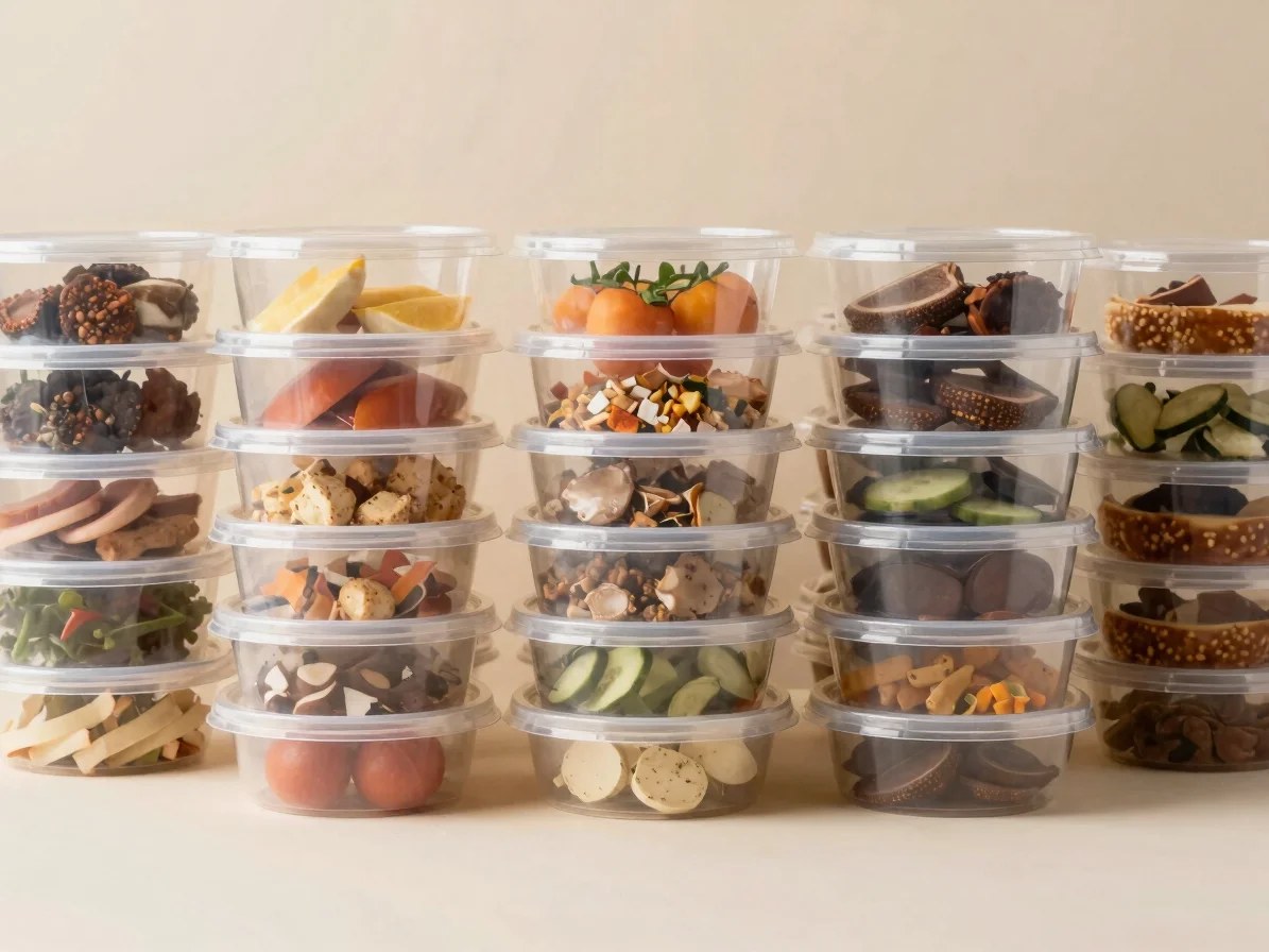 Editorial product photography of stacked sanitized bulk containers with prepared fast food items, soft clean daylight, r